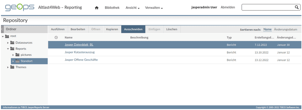 Jasper Studio Ansicht mit den hinterlegten Reports und dem Corporate Design von geOps.